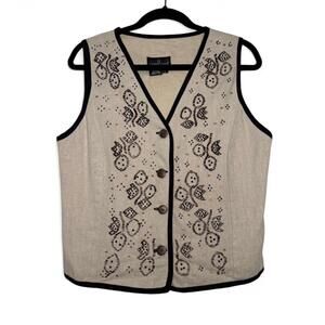 Vintage Tan Cream and black embroidered button-up women vest
